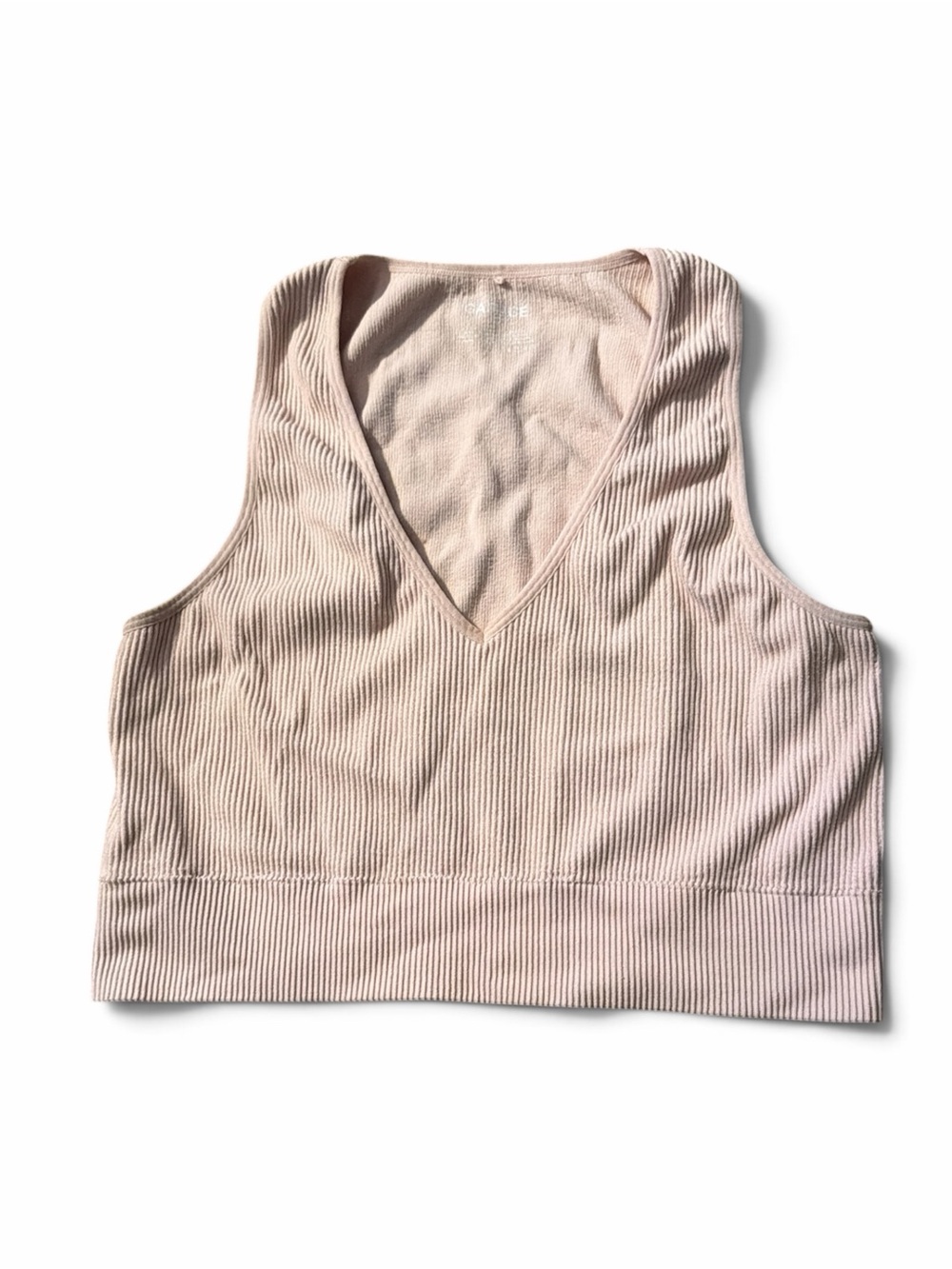 Garage Sonia Seamless Plunge Tee Ribbed Pale Blush Pink Size L